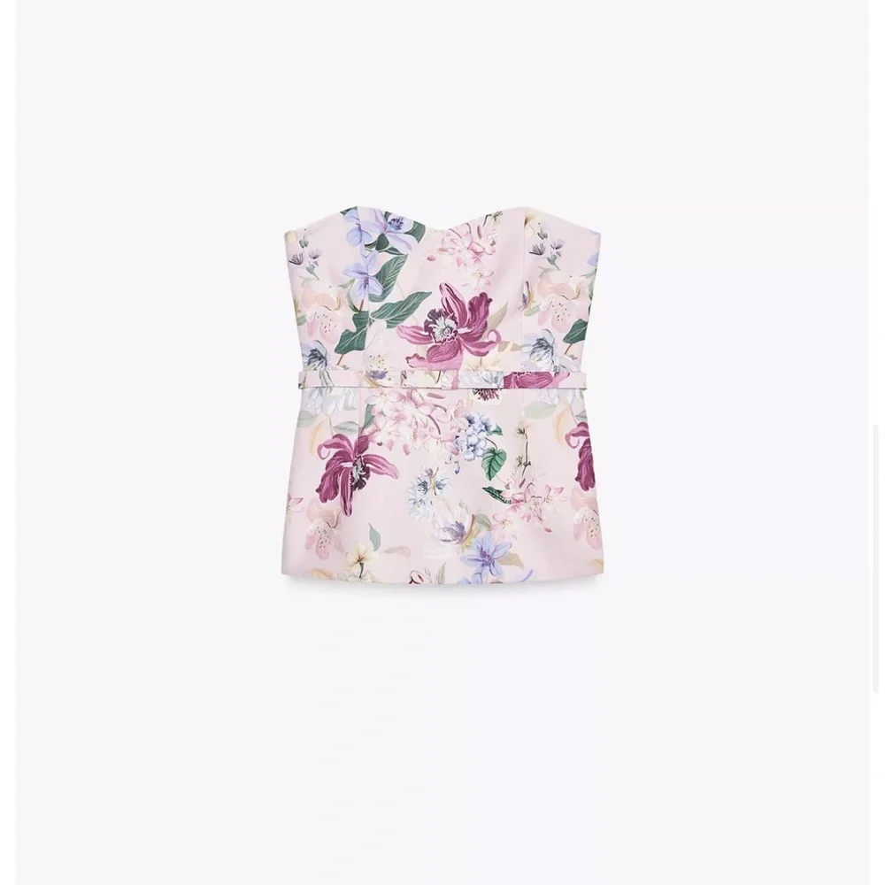 Zara Floral Sweetheart Corset Top Belted Bardot Pink NWT XS - Picture 9 of 10